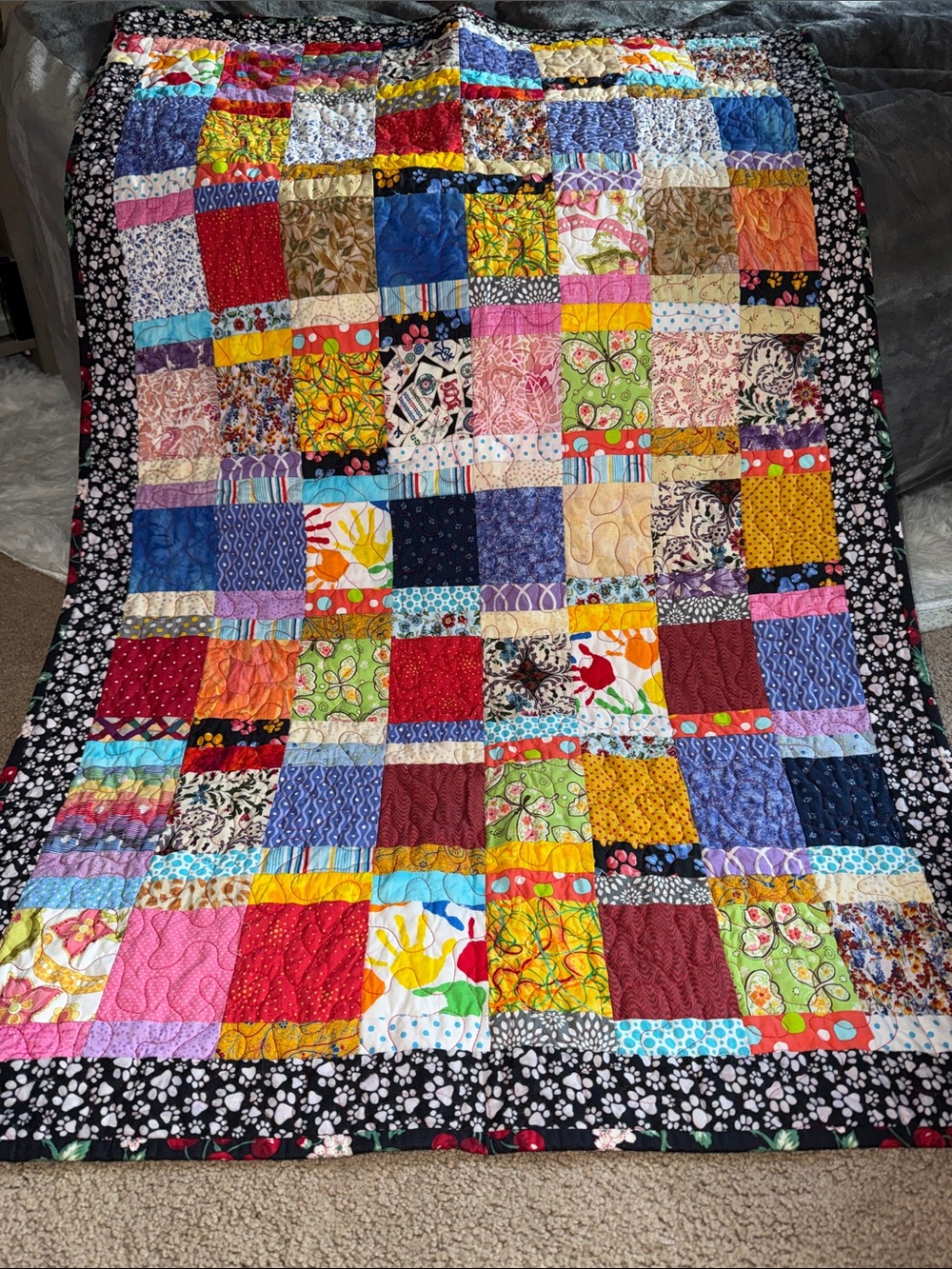 Handmade Multicolor Patchwork Quilt with Black Floral Border